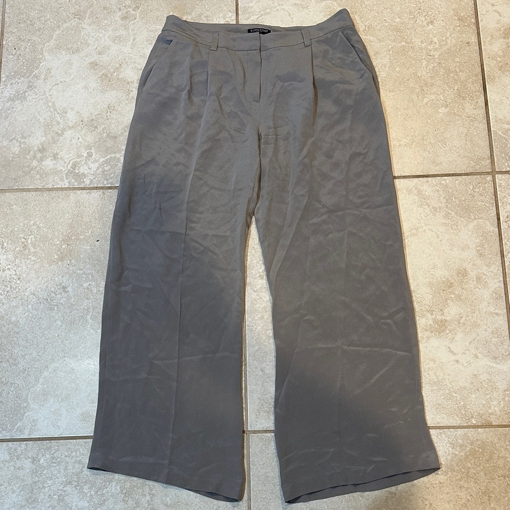 Eileen Fisher Petite Gray Silk Pleated Wide Leg Slouchy Trousers Pants M